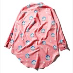 Pink Blue Monsters Long Sleeves Chiffon Blouse Oversized Boy Friend Shirt