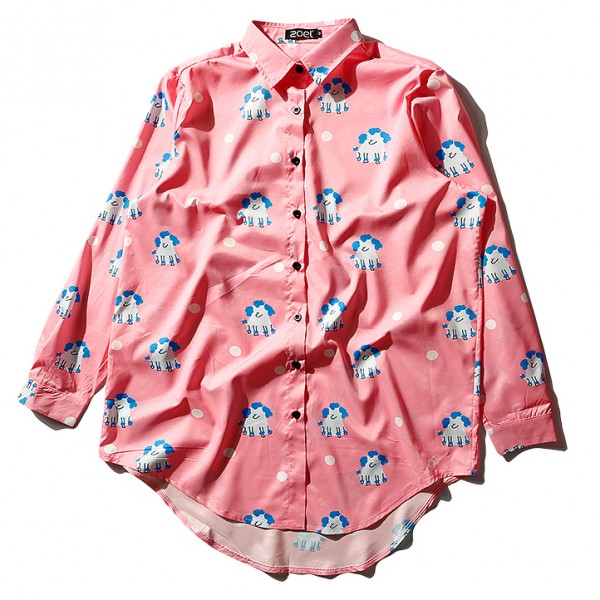Pink Blue Monsters Long Sleeves Chiffon Blouse Oversized Boy Friend Shirt
