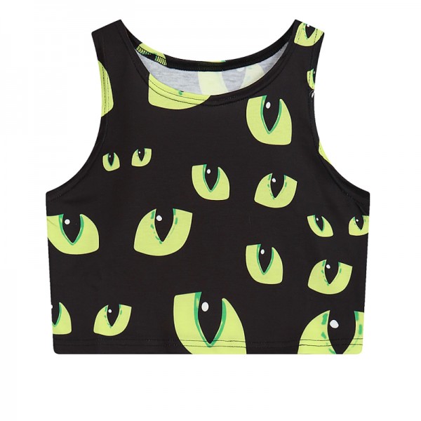Black Cat Eyes Cropped Sleeveless T Shirt Cami Tank Top