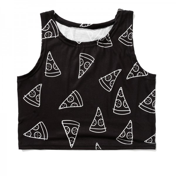 Black Pizza Cropped Sleeveless T Shirt Cami Tank Top