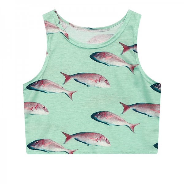 Blue Fishes Cropped Sleeveless T Shirt Cami Tank Top