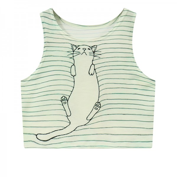 Green Stripes Sleeping Cat Cropped Sleeveless T Shirt Cami Tank Top