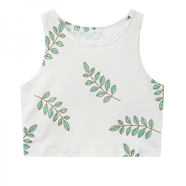 White Green Mimosa Leaves Cropped Sleeveless T Shirt Cami Tank Top