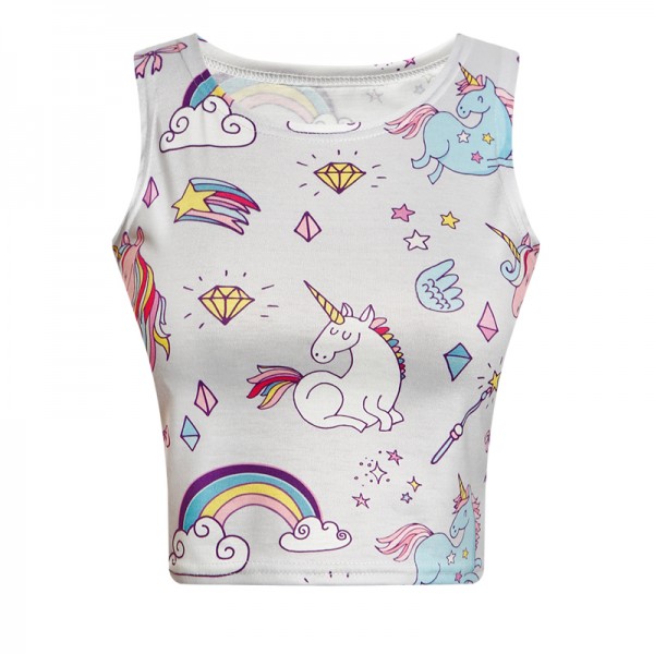 White Rainbow Unicorns Cartoon Cropped Sleeveless T Shirt Cami Tank Top