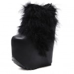 Black Furry Fur Feather Platforms Wedges Ankle Boots Shoes