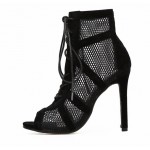 Black Suede Sheer Lace Up Boots Gladiator High Stiletto Heels Sandals Shoes