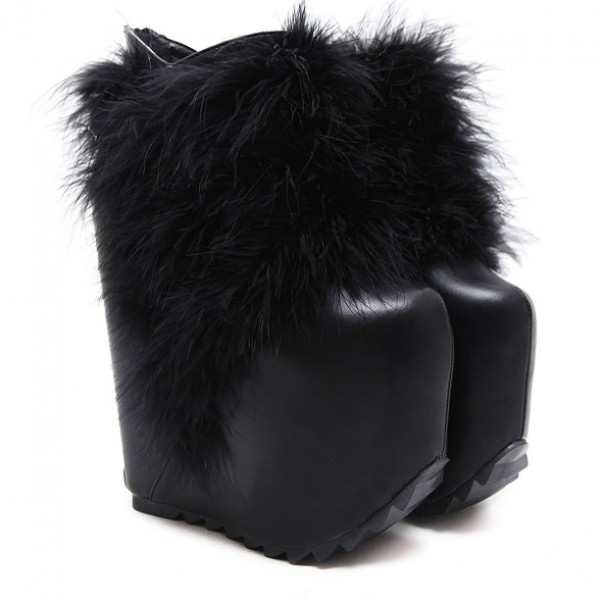 Black Furry Fur Feather Platforms Wedges Ankle Boots Shoes