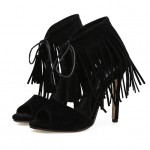 Black Suede Bohemian Fringes Tassels Ankle High Stiletto Heels Pump Sandals Shoes
