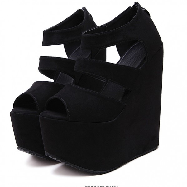 Black Suede Peep Toe Strappy Platforms Wedges Sandals Shoes