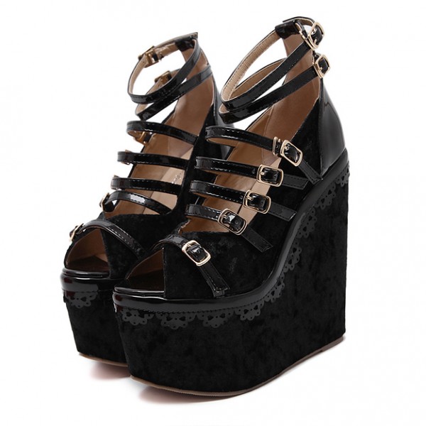 Black Velvet Peep Toe Strappy Lolita Platforms Wedges Sandals Shoes
