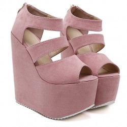 Pink Suede Peep Toe Strappy Platforms Wedges Sandals Shoes