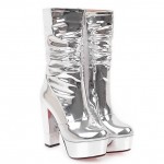 Silver Metallic Mirror Shiny Platforms Block Heels Long Boots Shoes