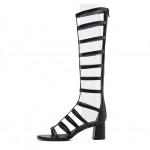 Black Thin Strappy Straps Gladiator Boots Mid Heels Sandals Shoes