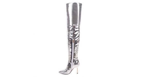 New Womens Sliver Metallic Mirror Patent Leather High Heel Over The Knee Boots 