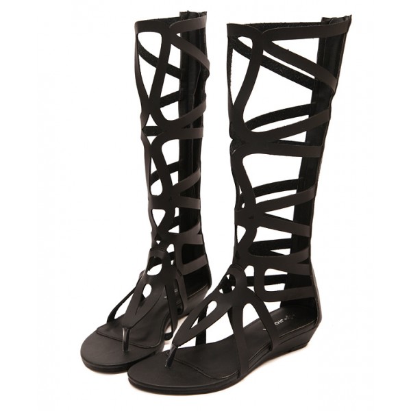 Black Hollow Out Gladiator Boots Sandals Flats Wedges Shoes