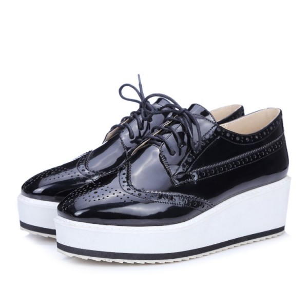 Black Glossy Patent Leather Lace Up Platforms Oxfords Sneakers Shoes