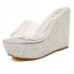 Silver Glitter Bling Bling Sparkles Platforms Wedges Transparent Sandals Shoes