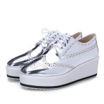 Silver Mirror Patent Leather Lace Up Platforms Oxfords Sneakers Shoes