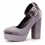 Grey Velvet Chunky Platforms Sole Mary Jane Block High Heels Shoes