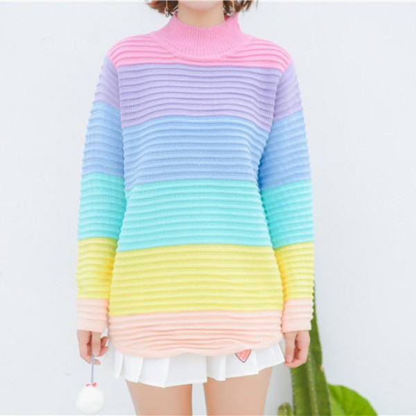 Rainbow Pastel Macaron Turtleneck Long Sleeves Sweater Sweatshirt