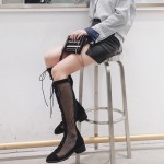 Black Meshed Sheer Long Knee Lace Up Combat Boots Shoes