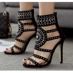 Black Suede Diamante Hollow Out Sexy Stiletto Heels Sandals Shoes