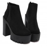 Black Suede Chunky Sole Block High Heels Platforms Boots Shoes