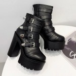 Black Chunky Cleated Sole Block High Heels Platforms Boots Shoes