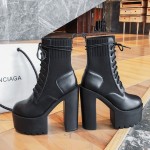 Black Lace Up Knit Chunky Cleated Sole Block High Heels Platforms Boots Shoes