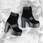 Black Suede Belts Punk Rock Chunky Sole Block High Heels Platforms Boots Shoes