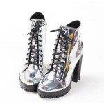 Silver Metallic Mirror Punk Rock Lace Up Chunky High Heels Combat Rider Boots