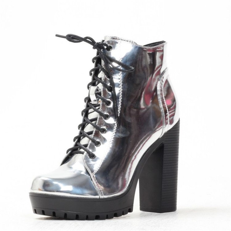 Silver Metallic Mirror Shiny Leather Punk Rock Lace Up Shoes