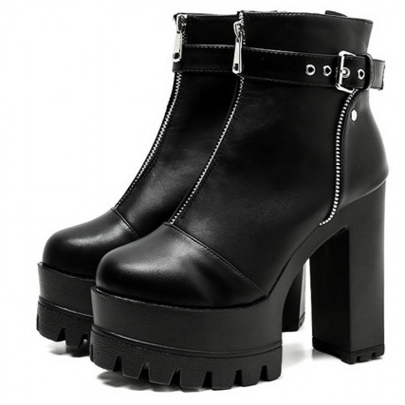 Black Gothic Punk Rock Chunky Sole Block High Heels Pumps Boots Shoes