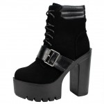 Black Suede Belts Punk Rock Chunky Sole Block High Heels Platforms Boots Shoes