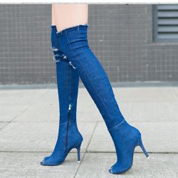 Blue Denim Jeans Peep Toe Stretchy Ripped Knee Stiletto High Heels Long Boots Shoes