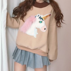Khaki Cream Cute Unicorn Long Sleeves Sweatshirt