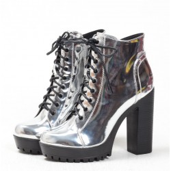 Silver Metallic Mirror Punk Rock Lace Up Chunky High Heels Combat Rider Boots