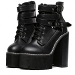 Black Strap Buckles Chunky Sole Block High Heels Platforms Boots Shoes