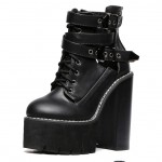 Black Strap Buckles Chunky Sole Block High Heels Platforms Boots Shoes