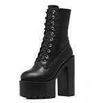Black Woolen Flap Chunky Sole Block High Heels Platforms Boots Shoes