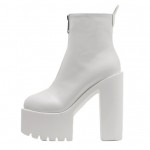 White Zipper Chunky Sole Block High Heels Platforms Boots Shoes