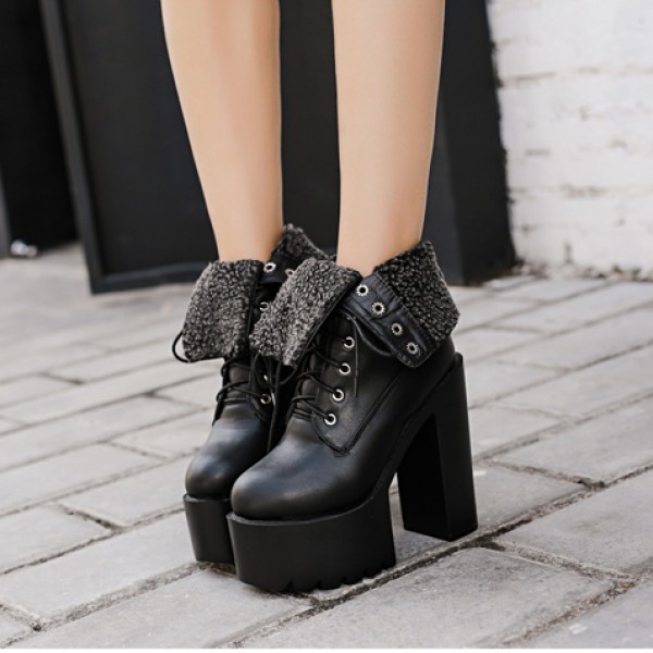 Black Woolen Flap Chunky Sole Block High Heels Platforms Boots Shoes