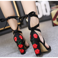 Black Suede Embroidered Red Rose Block 
