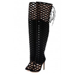 Black Suede Cut Out Cage Thigh High Gothic Stiletto High Heels Boots Shoes