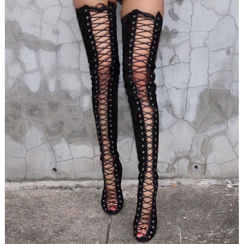 Black Suede Lace Up Thigh High Strappy Gothic Ballerina Stiletto High