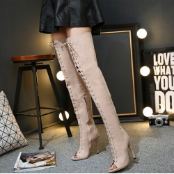 Khaki Suede Lace Up Thigh High Strappy Gothic Ballerina Stiletto High Heels Boots Shoes