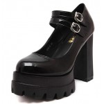 Black Patent Chunky Cleated Platforms Sole Block High Heels Shoes