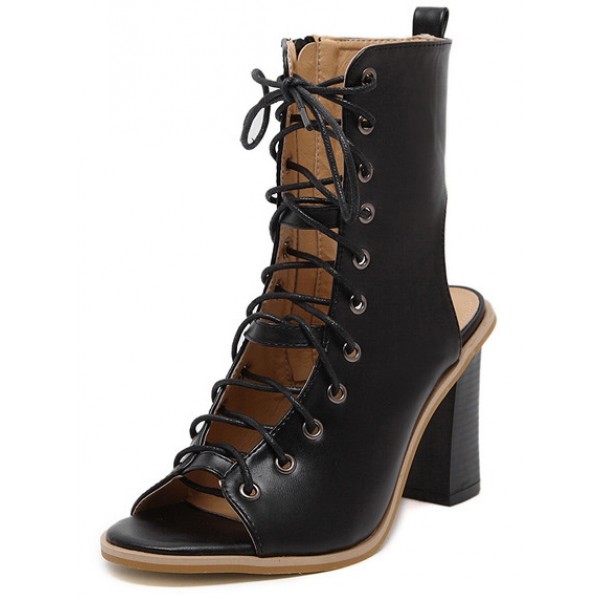 Black Peeptoe Lace Up  High Top Punk Rock Ankle HIgh Heels Boots Sandals