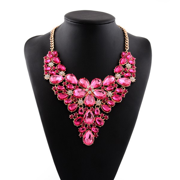 Pink  Colorful Fancy Crystals Gemstones Glamorous Flowers Floral Necklace