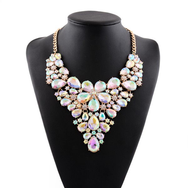 Silver Colorful Fancy Crystals Gemstones Glamorous Flowers Floral Necklace